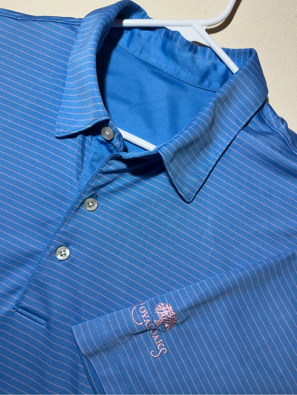 Greg Norman Blue Golf Polo with Pink Pinstripes x Royal Oaks Country Club